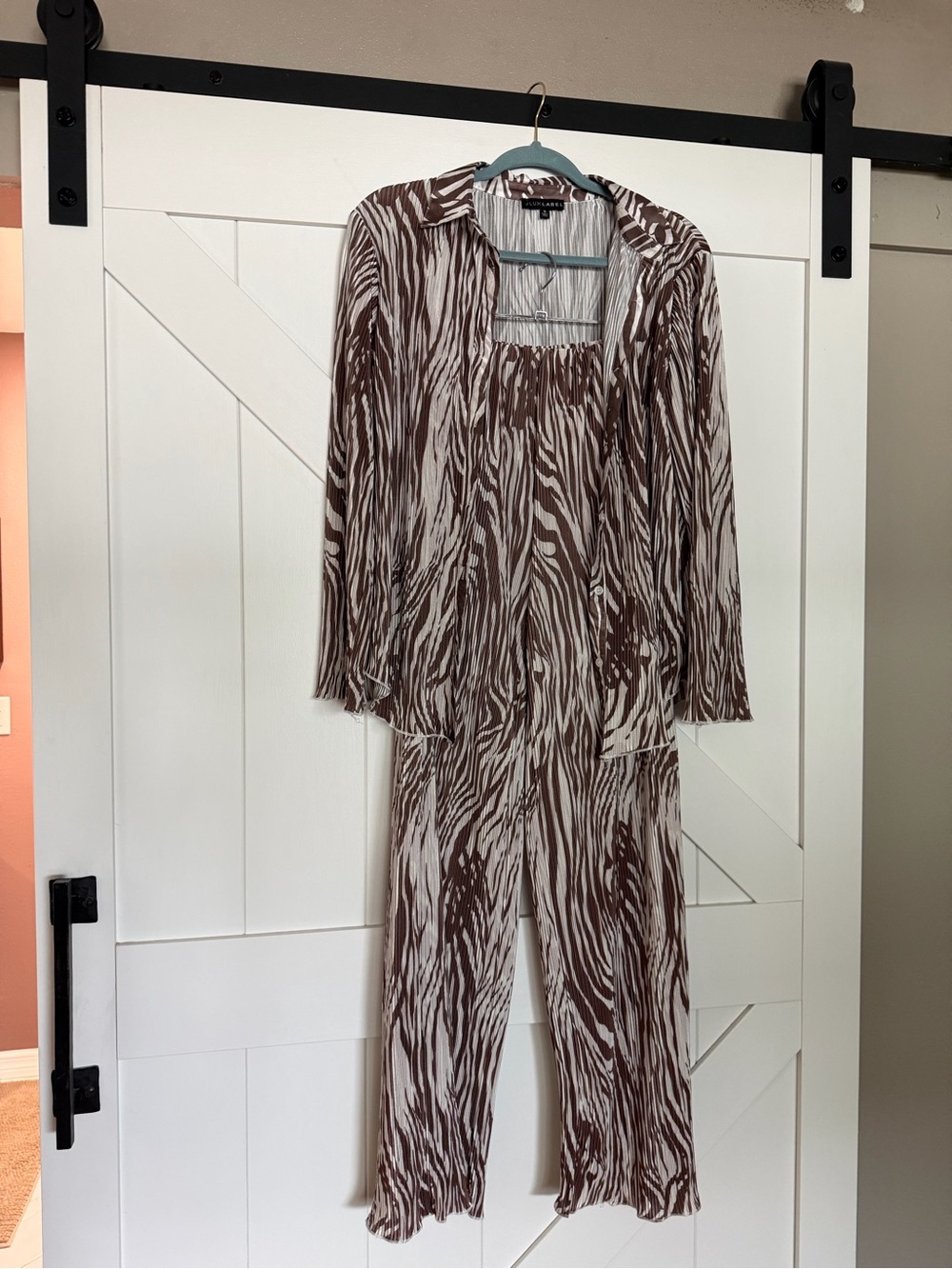 JLUXLABEL Brown and Cream Zebra-Print Jumpsuit with Matching Jacket